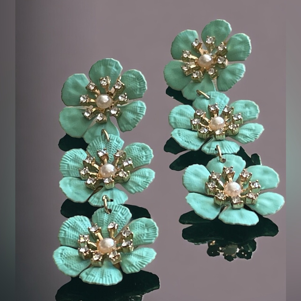 Turquoise Flower Drop Earrings with Rhinestone and Pearl Details